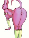  anthro athletic beerus blush bracelet breasts butt clothing dragon_ball feline female hairless jewelry legwear looking_at_viewer mammal mostly_nude nude pink_skin presenting pussy rhodesio simple_background smile stockings wide_hips 