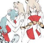  2girls animal_ears apron bang_dream! bang_dream!_it's_mygo!!!!! blonde_hair blue_hair blush breasts commentary_request kemonomimi_mode kissing_breast large_breasts long_hair medium_hair milfcookiesimp misumi_uika multiple_girls parted_lips purple_eyes red_apron simple_background snow_leopard_ears snow_leopard_girl snow_leopard_tail tail tiger_ears tiger_girl tiger_tail togawa_sakiko white_background yuri 