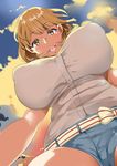  :d absurdres belt blue_sky breasts brown_eyes brown_hair cloud covered_nipples from_below hair_ornament hairclip highres huge_breasts jpeg_artifacts looking_at_viewer looking_down narusawa_ryouka occultic;nine open_mouth short_hair short_shorts shorts sky smile solo teeth thighs tongue yac_(mokkori) 