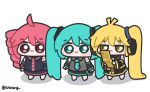  3girls :< ahoge akita_neru antenna_hair black_shirt black_skirt blonde_hair blue_eyes blue_hair blue_necktie cellphone chibi chibi_only closed_mouth detached_sleeves drill_hair flip_phone grey_shirt hatsune_miku highres holding holding_phone jitome kasane_teto kasane_teto_(utau) long_hair looking_at_viewer lulalang multiple_girls necktie phone red_eyes red_hair shirt side_ponytail simple_background skirt sleeveless sleeveless_shirt smile standing triple_baka_(group) twin_drills twintails twitter_username utau vocaloid white_background yellow_eyes 