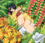  bangs black_hair bob_cut bound bound_ankles bound_wrists breasts brown_eyes cleavage collarbone erika_(pokemon) expressionless feet flower full_body gym_leader hairband heliconia highres japanese_clothes kimono knee_up leaf legs lily_(flower) long_sleeves looking_at_viewer lying medium_breasts no_shoes obi on_back philodendron plant poke_ball pokemon pokemon_(game) pokemon_hgss restrained sash short_hair socks solo sweat tabi tiger_lily tm_(hanamakisan) vines white_legwear wide_sleeves yellow_kimono 