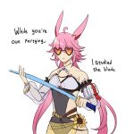  1girl ahoge animal_ears bare_shoulders black_one-piece_swimsuit breasts commentary crystal_sword detached_sleeves english_commentary english_text fox_ears fox_girl heart heart-shaped_eyewear highres holding holding_sword holding_weapon honkai_(series) honkai_impact_3rd i_studied_the_blade_(meme) kokotuo long_hair medium_breasts meme official_alternate_costume one-piece_swimsuit pink_hair sarong see-through_clothes see-through_sarong simple_background solo swimsuit sword very_long_hair weapon white_background yae_sakura yae_sakura_(goushinnso_memento) yae_sakura_(sakura_summer) yellow_sarong 