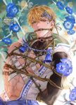  1boy abs arm_belt asymmetrical_sleeves bags_under_eyes bdsm belt belt_collar bit_gag biting black_gloves blonde_hair blue_flower blue_gem blue_headband brown_belt brown_choker choker clothing_cutout collar collarbone elbow_gloves fangs flower gag gagged gem gloves hair_between_eyes hair_vines headband hood hood_down jewelry joshua_drac large_pectorals looking_at_viewer male_focus muscular muscular_male navel nu_carnival official_alternate_costume open_clothes open_mouth orange_eyes pectorals plant quincy_(buckeye_miracle)_(nu_carnival) quincy_(nu_carnival) shibari shibari_over_clothes short_hair single_bare_shoulder solo surrounded_by_flowers teeth turtleneck upper_body vines white_belt 