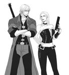  1boy 1girl breasts cleavage dante_(devil_may_cry) devil_may_cry devil_may_cry_4 large_breasts long_hair trish_(devil_may_cry) weapons 
