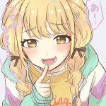 1girl :3 black_ribbon blonde_hair blush braid brown_eyes cavity dental_filling embarrassed fang finger_to_mouth fujita_kotone gakuen_idolmaster hair_ornament hair_ribbon hairclip highres idolmaster inlay jacket leaning_forward long_sleeves low_twin_braids mouth_focus multicolored_jacket open_mouth parallel_fleet pointing pointing_at_viewer raised_inner_eyebrows realistic_teeth ribbon shirt sleeves_past_wrists small_sweatdrop solo speech_bubble translation_request twin_braids upper_body yellow_shirt 