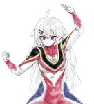  1girl :| ahoge arm_up armor blue_bodysuit bodysuit breastplate breasts chinese_commentary clenched_hand closed_mouth collarbone color_timer commentary double-parted_bangs fighting_stance furrowed_brow genderswap genderswap_(mtf) gold_trim hair_between_eyes hair_flaps hair_ornament hairclip hakka_man highres humanization legs_apart long_hair looking_ahead medium_breasts multicolored_bodysuit red_bodysuit red_eyes serious shoulder_armor silver_bodysuit simple_background solo standing tokusatsu tsurime ultra_series ultraman_gaia ultraman_gaia_(series) ultraman_gaia_(supreme_version) upper_body white_background white_hair 