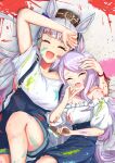  2girls absurdres animal_ears aqua_bow bare_shoulders blue_skirt blunt_bangs blush bow breasts brown_hat closed_eyes commentary_request ear_bow ear_ribbon gold_ship_(umamusume) grey_hair hat highres holding holding_paintbrush horse_ears horse_girl horse_tail long_hair mejiro_mcqueen_(umamusume) momami_mo_ma multiple_girls off-shoulder_shirt off_shoulder open_mouth overalls paint paint_on_body paint_on_clothes paintbrush pillbox_hat purple_hair shirt short_sleeves shorts skirt smile suspender_shorts suspenders tail umamusume white_shirt 