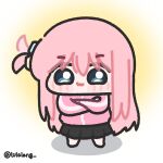  1girl aura black_skirt blue_eyes bocchi_the_rock! chibi chibi_only closed_mouth commentary_request crossed_arms full_body gotoh_hitori hair_wagging highres jacket korean_commentary long_hair looking_at_viewer lulalang one_side_up pink_hair pink_jacket simple_background skirt smile solo standing twitter_username white_background 