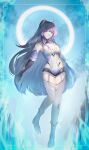  1girl absurdres bilingual_commentary black_gloves black_shorts blue_sky boots breasts cleavage corset fake_horns gloves halo highres honkai_(series) honkai_impact_3rd horns kipuru large_breasts long_hair looking_at_viewer mixed-language_commentary ponytail purple_eyes purple_hair raiden_mei raiden_mei_(herrscher_of_origin) shorts sky solo thighs very_long_hair white_boots white_corset yellow_horns 