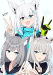  3girls ahoge animal_ear_fluff animal_ear_piercing animal_ears aqua_eyes aqua_scarf ayana_ayase azur_lane black_sailor_collar blue_archive blue_eyes blue_halo blue_neckerchief blue_scarf blush braid commentary_request cosplay costume_switch cross cross_hair_ornament crossover fox_ears fox_girl fox_shadow_puppet gloves green_gloves grey_hair hair_between_eyes hair_ornament halo highres hololive hood hooded_vest hoodie inverted_cross kawakaze_(azur_lane) kawakaze_(azur_lane)_(cosplay) long_hair look-alike looking_at_viewer medium_hair mismatched_pupils multiple_girls neckerchief open_mouth ribbon-trimmed_clothes ribbon_trim sailor_collar scarf shirakami_fubuki shirakami_fubuki_(1st_costume) shirakami_fubuki_(cosplay) shiroko_(blue_archive) shiroko_(blue_archive)_(cosplay) side_braid sidelocks single_braid smile vest virtual_youtuber white_hair white_hoodie wide_sleeves wolf_ears wolf_girl 
