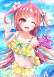  >_< 1girl ;d ahoge alternate_hairstyle animal_print aqua_ribbon bag bikini blue_sky blunt_bangs blunt_ends bracelet cloud collarbone commentary_request cowboy_shot dated day eyelashes fan_request fish_print flipped_hair flower frilled_bikini frills hair_flower hair_ornament hair_ribbon hand_up handbag happy heaven_burns_red highres jewelry kiri_giri41 long_hair mizuhara_aina mizuhara_aina_(sparkling_summer_jumping!) multiple_bracelets navel ocean official_alternate_costume one_eye_closed outdoors outstretched_hand pink_hair red_eyes ribbon ruffle_bikini sidelocks sky smile solo stomach swimsuit two_side_up upturned_eyes very_long_hair waving white_flower yellow_bikini 