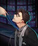  1boy adam's_apple black_jacket blue_necktie brown_eyes brown_hair buried_stars from_side jacket lapels lee_gyu-hyuk looking_at_viewer male_focus mature_male necktie parted_lips riba_river silver_chain striped_clothes suit two-tone_shirt vertical-striped_clothes 