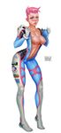  1girl areolae artist_name blue_eyes blush bodysuit breasts collarbone cosplay d.va_(overwatch) d.va_(overwatch)_(cosplay) facial_mark khantian looking_at_viewer navel nipples overwatch parted_lips pink_hair short_hair solo white_background zarya_(overwatch) 