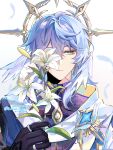  1boy blue_hair blue_jacket blue_pupils buttons closed_mouth earrings feathered_wings feathers flower fuwafuwa_matcha gloves gold_earrings gold_trim hair_between_eyes half-closed_eye halo halo_behind_head hand_up head_wings highres holding holding_flower honkai:_star_rail honkai_(series) jacket jewelry leaf looking_to_the_side male_focus multicolored_jacket multiple_rings one_eye_covered purple_gloves purple_shirt ring scarf shirt short_hair sidelocks simple_background solo sunday_(honkai:_star_rail) two-tone_jacket upper_body white_background white_flower white_jacket white_scarf wings yellow_eyes 