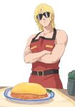  1boy adapted_costume apron bare_arms blonde_hair cactus char_aznable commentary_request crossed_arms food gundam kanpa_(campagne_9) naked_apron omelet omurice quattro_bajeena red_apron solo sunglasses white_background zeta_gundam 