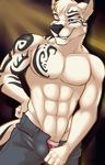  2016 abs abstract_background anthro biting_lip black_nose blue_eyes canine clothed clothing digital_media_(artwork) fcsimba front_view fur half-closed_eyes half-length_portrait hand_on_hip hi_res male mammal muscular muscular_male mythic_wolf open_pants pants pants_pull pecs portrait solo standing tattoo teasing teeth underwear white_fur wolf 