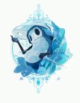  1boy artist_name black_eyes blue_flower check_commentary chinese_commentary commentary_request flower highres hightguy holding holding_weapon hollow_knight male_focus mask mask_on_head nail_(hollow_knight) quirrel solo translation_request water_drop weapon white_background white_mask 