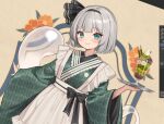  1girl apron art_program_in_frame black_hairband blush closed_mouth commentary green_eyes green_kimono grey_hair hairband hitodama hitodama_print holding holding_tray japanese_clothes kimono konpaku_youmu konpaku_youmu_(ghost) looking_at_viewer maid matcha_parfait qiu_ju smile solo touhou tray untranslatable_commentary wa_maid white_apron 