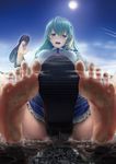  barefoot blush destruction dirty_feet feet frog_hair_ornament giantess green_hair hachimitsu_(hachimitsu_pot) hair_ornament highres kochiya_sanae long_hair open_mouth solo touhou 