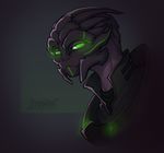  2016 alien black_background black_body black_clothing bust_portrait cerce clothed clothing colored digital_drawing_(artwork) digital_media_(artwork) eyelashes fan_character feranta glowing glowing_eyes green_eyes green_markings green_sclera humanoid light looking_at_viewer male markings mass_effect no_pupils portrait shaded side_view signature simple_background solo turian video_games 