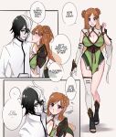  1boy 1girl arm_between_breasts asymmetrical_clothes asymmetrical_gloves asymmetrical_legwear between_breasts black_boots black_hair bleach blush boots breasts brown_eyes brown_hair capelet cleavage cleavage_cutout clothing_cutout commentary detached_sleeves double_bun dress elbow_gloves english_commentary english_text full_body furrowed_brow gloves green_dress green_eyes hair_behind_ear hair_between_eyes hair_bun hair_ornament half_mask highres inoue_orihime jacket keitoz long_hair mask open-toe_boots pale_skin parted_bangs parted_lips revealing_clothes short_dress short_hair single_detached_sleeve single_elbow_glove single_thighhigh snowflake_hair_ornament sweatdrop thighhighs ulquiorra_cifer upper_body white_background white_capelet white_gloves white_jacket white_sleeves white_thighhighs 