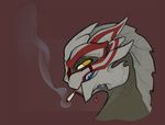  2016 alien cigarette colored digital_drawing_(artwork) digital_media_(artwork) elaine_(feranta) fan_character female feranta grey_body grin half-closed_eyes humanoid looking_at_viewer markings mass_effect open_mouth piercing red_markings side_view smoking solo toony turian video_games yellow_eyes 