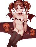  armband bat_wings bottomless brown_hair choker cross cross_earrings doyora earrings facial_mark fingerless_gloves flat_chest gloves hair_ribbon halloween heart inverted_cross jack-o'-lantern jewelry navel petite pointy_ears pumpkin red_eyes ribbon shirai_kuroko short_hair simple_background smile solo thighhighs to_aru_kagaku_no_railgun to_aru_majutsu_no_index twintails white_background wings 