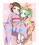  2girls absurdres alternate_costume blush border brown_eyes brown_hair carrying carrying_person closed_mouth commentary_request current_nadeko diagonal-striped_background flat_chest floral_print floral_print_kimono flower googly_eyes green_eyes green_hair hair_flower hair_ornament hat highres japanese_clothes kimono looking_at_another manimani_(mani_ma) monogatari_(series) multiple_girls ononoki_yotsugi open_mouth orange_flower orange_hat orange_kimono parted_bangs pink_background pink_flower pink_sash princess_carry print_kimono purple_kimono ribbon sandals sash sengoku_nadeko short_bangs short_hair smile socks striped_background tabi thick_eyebrows twintails waist_ribbon white_border white_socks wide_sleeves yellow_ribbon 