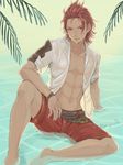  abs arm_support artist_name barefoot belt bracelet granblue_fantasy jewelry male_focus nyanpoco3 open_clothes open_shirt percival_(granblue_fantasy) red_eyes red_hair shirt solo water wet wet_clothes wet_hair wet_shirt 