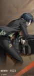  1boy absurdres black_gloves black_hair black_jacket black_pants brown_background business_suit cellphone cellphone_charm charm_(object) chinese_commentary coffee_maker commentary_request copyright_name copyright_notice facing_away fingerless_gloves from_behind gloves green_shirt highres jacket jiaquan_(xinyue_tongxing) leaning_forward logo male_focus official_art official_wallpaper pants phone pinstripe_jacket pinstripe_pattern salaryman shirt short_hair solo standing striped_clothes striped_jacket suit suit_jacket suspenders vertical-striped_clothes vertical-striped_jacket xinyue_tongxing 