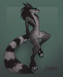  2016 4_fingers 5_toes armpits big_eyes big_tail black_claws black_fur black_markings claws colored dareon_(jaxthedrox) digital_drawing_(artwork) digital_media_(artwork) ears_back feranta fluffy fluffy_ears fluffy_tail fur green_background green_eyes grin head_tuft long_tail looking_at_viewer male markings naturally_censored navel no_pupils nude pose sergal shaded signature simple_background sitting slim smile snout solo striped_tail stripes teeth toes toony 
