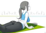  ass closed_eyes grey_hair kuroonehalf long_hair lying midriff on_stomach pants ponytail solo stretch white_skin wii_fit wii_fit_trainer yoga_mat yoga_pants 