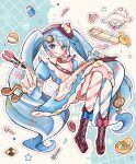  1girl absurdres ahoge animal apron aqua_eyes aqua_hair arm_up blue_bow blue_dress blue_eyes blue_sleeves blush bow bowtie brown_hat cake cake_slice closed_mouth commentary_request detached_sleeves dress dress_bow fingernails food food-themed_clothes food-themed_hat_ornament frilled_apron frills fur-trimmed_dress fur-trimmed_sleeves fur_trim hair_between_eyes hair_ornament hat hat_ornament hatsune_miku highres holding holding_key holding_tongs key long_hair long_sleeves looking_at_viewer necktie nekokan_(awao_o) official_alternate_costume official_alternate_hairstyle pink_necktie puffy_sleeves rabbit_yukine short_sleeves smile tongs twintails two-tone_sleeves very_long_hair vocaloid wavy_hair white_apron yuki_miku yuki_miku_(2026) 