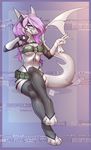  4_toes 5_fingers anthro black_lips clothed clothing digitigrade f-r95 female fin fingerless_gloves fish gloves hair headphones headset looking_at_viewer marine midriff navel pink_eyes pink_hair shark smile toes wide_hips 