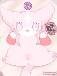 anus blush bodily_fluids body_blush digital_drawing_(artwork) digital_media_(artwork) domestic_cat duo facial_markings felid feline felis female feral forehead_markings fur genitals gloves_(marking) head_markings hi_res lying mammal markings marshmallow_(mewgenics) mewgenics nakimayo offscreen_character on_back pale_eyes pawpads pink_anus pink_body pink_fur pink_pawpads pink_paws pink_vulva pinned restrained_arms sweat vulva vulva_blush white_body white_fur