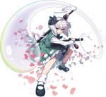  1girl artist_request black_bow black_bowtie black_hairband black_shoes bow bowtie falling_petals frilled_skirt frills full_body game_cg grand_summoners green_eyes green_skirt green_vest grey_hair hairband hitodama hitodama_print katana konpaku_youmu konpaku_youmu_(ghost) looking_at_viewer mary_janes multiple_swords official_art petals pink_petals sheath sheathed shoes short_hair skirt skirt_set socks solo sword sword_on_back third-party_source touhou touhou_lostword transparent_background unsheathing vest weapon weapon_on_back white_socks 