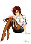  1girl arm_support brown_hair cleavage feet glasses green_eyes hairband holding_shoes long_hair looking_at_viewer makinami_mari_illustrious nail_polish neon_genesis_evangelion no_shoes office_lady open_shirt pantyhose shoes_removed sitting smile toes twintails 