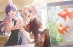  2girls black_ribbon black_skirt blonde_hair blue_eyes braid brown_dress collared_shirt crown_braid curtained_hair dress dutch_angle fish fish_food fish_tank flower frilled_shirt frills game_cg goldfish gradient_hair hair_flower hair_ornament hasu_no_sora_school_uniform highres indoors link!_like!_love_live! long_hair long_sleeves love_live! multicolored_hair multiple_girls neck_ribbon neckerchief non-web_source official_art osawa_rurino otomune_kozue otomune_kozue_(post-graduation) parted_bangs pink_flower pink_shirt purple_hair red_neckerchief ribbon sailor_collar sailor_dress school_uniform self-datamine shirt sidelocks skirt twintails virtual_youtuber white_sailor_collar winter_uniform 