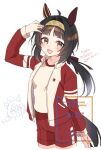  2girls ahoge animal_ears black_hair blush breasts brown_eyes commentary_request ear_covers epiphaneia_(umamusume) gym_shirt hair_ornament hairband hairclip horse_ears horse_girl horse_tail jacket koruri logotype_(umamusume) long_hair long_sleeves looking_at_viewer multiple_girls one-hour_drawing_challenge open_mouth red_shorts shirt shorts small_breasts smile solo_focus tail tracen_training_uniform umamusume white_shirt 