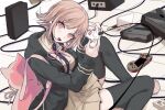  1girl :o animal_bag breasts brown_hair brown_skirt cat_bag collared_shirt commentary_request controller danganronpa_(series) danganronpa_2:_goodbye_despair flipped_hair game_console game_controller gamecube hair_ornament handheld_game_console hawikara holding holding_controller holding_game_controller hood jacket long_sleeves looking_at_viewer medium_hair nanami_chiaki neck_ribbon nintendo_ds open_clothes open_jacket pink_bag pink_eyes pink_ribbon pleated_skirt ribbon shirt skirt solo teeth thighhighs two-tone_shirt upper_teeth_only white_shirt 