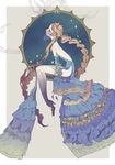  blue_dress braid brown_hair closed_mouth constellation detached_sleeves dress from_side full_body high_heels highres hoshi_rousoku long_hair looking_up original personification profile scorpio sidelocks sleeves_past_wrists solo sparkle veil very_long_hair white_background 