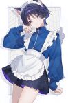  1boy alternate_costume animal_ear_fluff animal_ears apron arm_at_side black_hair black_shorts blue_eyes blue_hair blue_jacket blue_sleeves blunt_ends border bow bright_pupils casual cat_boy cat_ears choppy_bangs closed_mouth colored_inner_hair commentary_request contemporary crossdressing crossdressing_(mtf) enmaided expressionless frilled_apron frills full-length_zipper genshin_impact grid_background hair_bow hand_up highres jacket kuro774_n long_sleeves looking_at_viewer maid maid_headdress male_focus male_maid multicolored_hair outline pleated_shorts purple_bow purple_hair purple_shorts scaramouche_(genshin_impact) shorts sleeves_past_wrists solo split_mouth streaked_hair track_jacket tsurime turtleneck turtleneck_jacket two-sided_shorts waist_apron white_apron white_background white_border white_outline white_pupils zipper zipper_pull_tab 