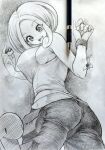 1girl ass breasts butterfly_net camera capri_pants commentary_request hand_net holding holding_camera large_breasts monochrome open_mouth pants pokemon pokemon_(creature) pokemon_xy shirt short_hair shuckle sketch sleeveless sleeveless_shirt smile tank_top viola_(pokemon) wristband yoshikage_(yo4kage) 