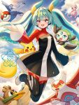  2girls aqua_eyes aqua_hair black_dress blonde_hair blue_sky blue_thighhighs blush cloud cloudy_sky commentary_request dress eevee farfetch'd flying gradient_hair green_hair hair_between_eyes hair_ornament hatsune_miku headset highres latias latios long_hair meloetta meloetta_(aria) mew_(pokemon) multicolored_hair multiple_girls open_mouth pikachu poke_ball_theme pokemon pokemon_(creature) project_voltage sakusakupenpen sky smile thighhighs twintails very_long_hair vocaloid watermark 