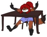  angry canine clothing colored female fox fur hair looking_at_viewer mammal middle_finger ponytail red_fur red_hair shorts sitting skidd table vixen_defea 
