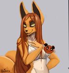  anthro bikini breasts brown_hair brown_nose canine clothing female fox grey_background hair looking_at_viewer mammal simple_background smile solo sorafoxyteils swimsuit yellow_eyes 