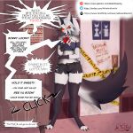  akikoandlostari alternative_fashion angry annoyed anthro bottomwear canid canid_demon canine choker clothing demon electronics female hellaverse hellhound helluva_boss jewelry loona_(helluva_boss) mammal mythological_canine mythological_creature mythology necklace phone poop_desperation profanity red_sclera shorts solo using_phone 