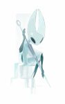  1girl artist_name black_eyes cloak commentary full_body highres hightguy holding holding_weapon hollow_knight hollow_knight:_silksong hornet_(hollow_knight) horns needle_(hollow_knight) sitting solo weapon white_background white_cloak 