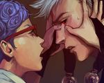  black_sclera blue_hair curly_hair from_side ghiaccio glasses gloves hands_on_another's_face hat highres jojo_no_kimyou_na_bouken male_focus meron_nouka multiple_boys open_mouth partly_fingerless_gloves red_eyes risotto_nero silver_hair sweatdrop 