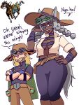  1boy 1girl absurdres animal_ears bandaged_arm bandages belt blonde_hair blue_eyes boots braid breasts choker cowboy_hat cowgirl_(western) crossed_arms dark-skinned_female dark_skin ears_through_headwear english_commentary english_text facial_mark goggles goggles_on_head goggles_on_headwear grey_hair grin gyro_zeppeli hand_on_own_hip hand_up hat height_difference highres horse_ears horse_girl horse_tail jojo_no_kimyou_na_bouken long_hair navel open_clothes open_mouth open_shirt pants personification shirt short_sleeves smile standing starlinkman steel_ball_run stomach tail tall_female twin_braids v-shaped_eyebrows valkyrie_(jojo) very_dark_skin 